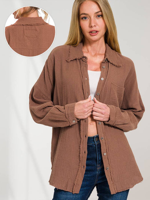 Women's Oversized Raw Edge Button-Up Shirt with Back Patch