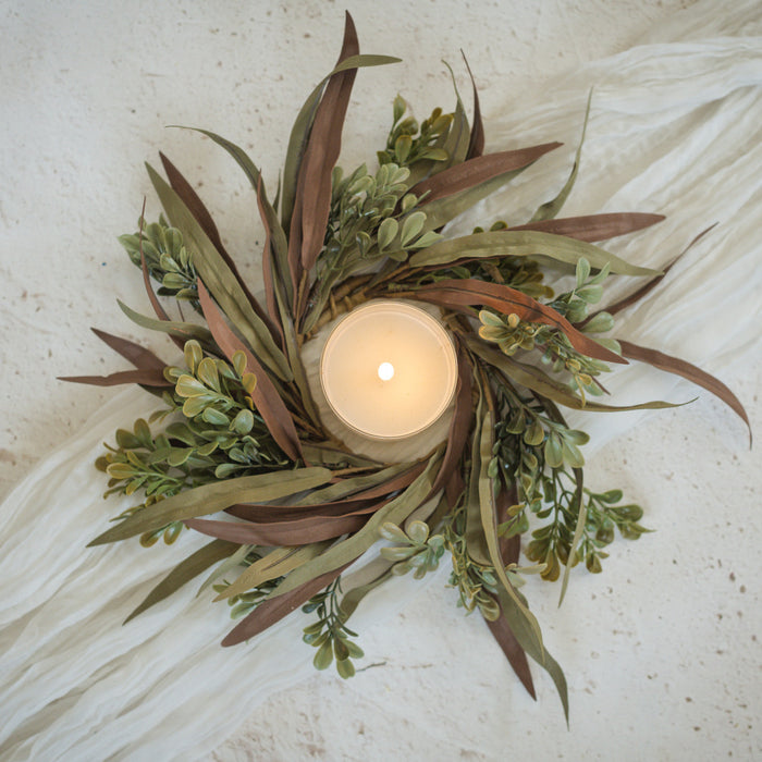 14" Mixed Taupe and Green Leaf Candle Ring