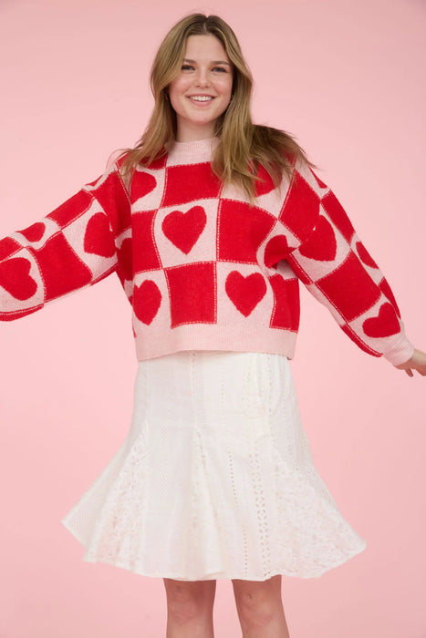 Heart Checkered Sweater Crew Neck by Blu Pepper | Heartland Store MN