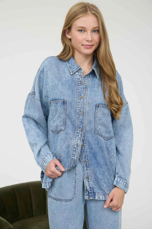 Washed chambray button down shirt for women – Blu Pepper brand