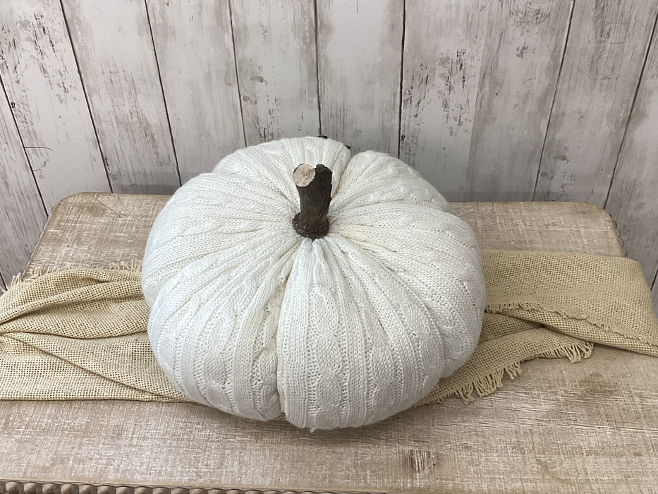 11" Cable Knit Fabric Pumpkin w/wood stem