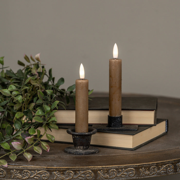 Dark Beige Flameless Taper Candle – 3D Flame, 6-Hour Timer (7.25" or 9.5")
