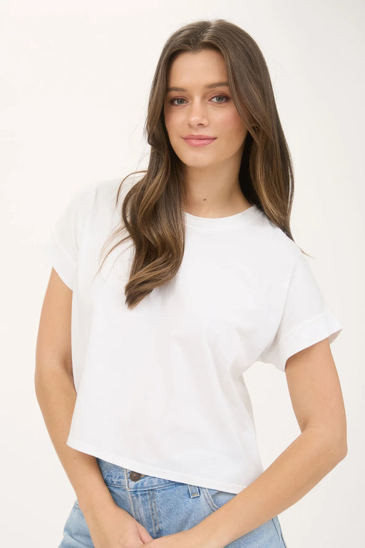 Washed knit short sleeve top with extended shoulders for women
