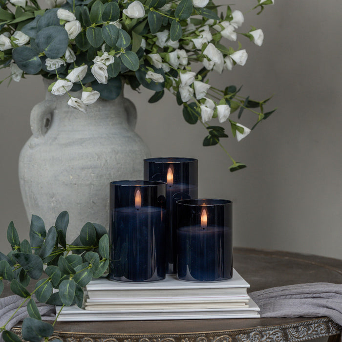 NAVY GLASS 3D FLAME CANDLE WITH 6HR TIMER