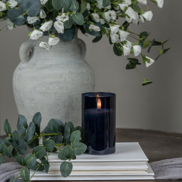 NAVY GLASS 3D FLAME CANDLE WITH 6HR TIMER