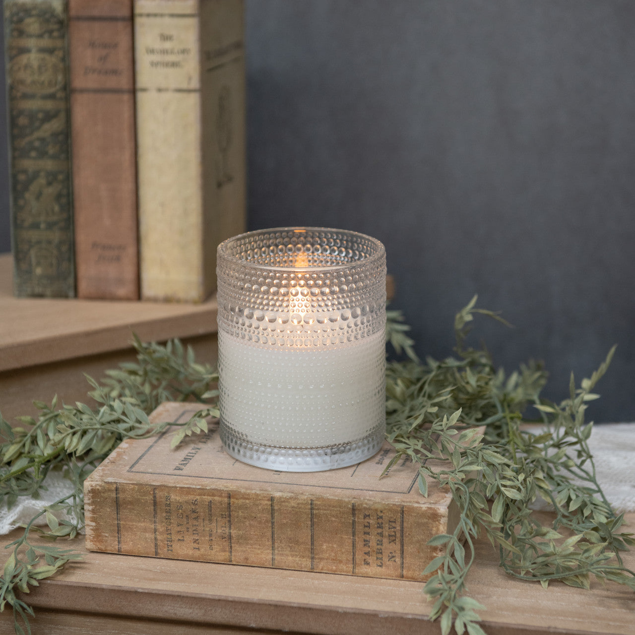 Clear glass flameless candle perfect for elegant vintage-inspired home decoration