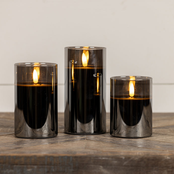 BLACK GLASS 3D FLAME CANDLE WITH TIMER