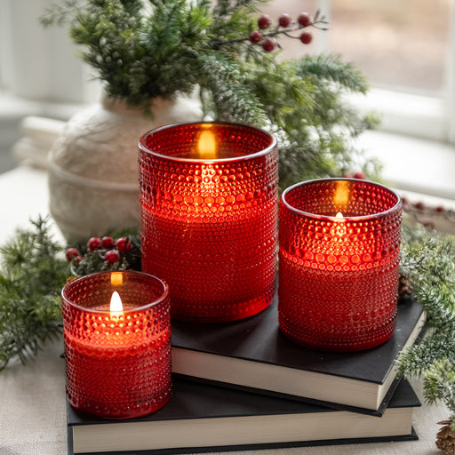Red dotted glass flameless candle with 3D flicker LED flame effect and 6-hour timer - vintage home decor