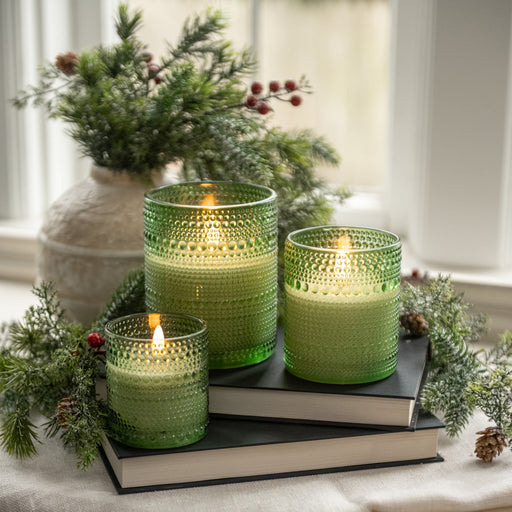 Green dotted glass flameless candle with realistic 3D flame effect and 6-hour timer feature