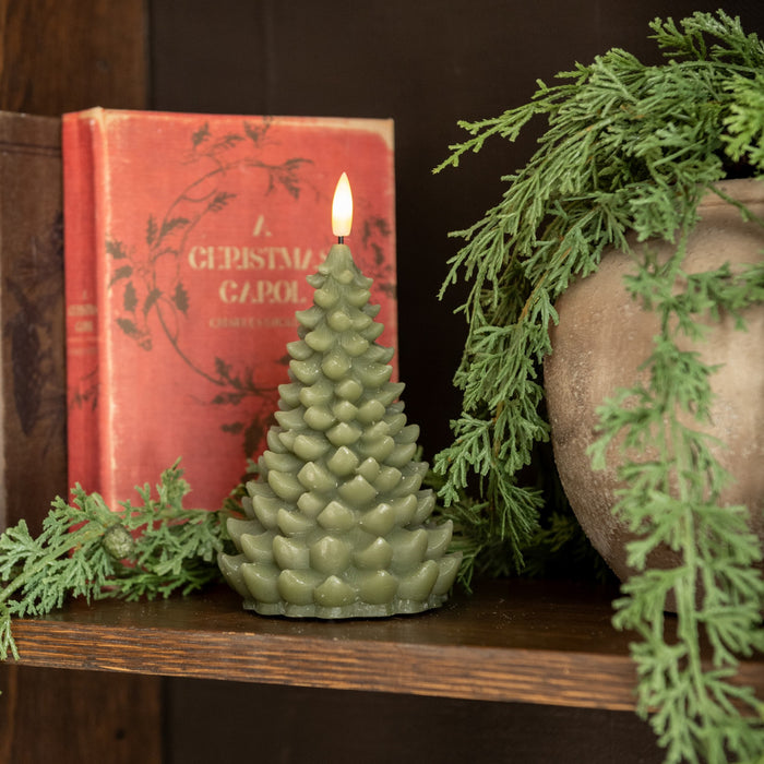 Green balsam tree flameless candle with 3D flame – 7x4 size