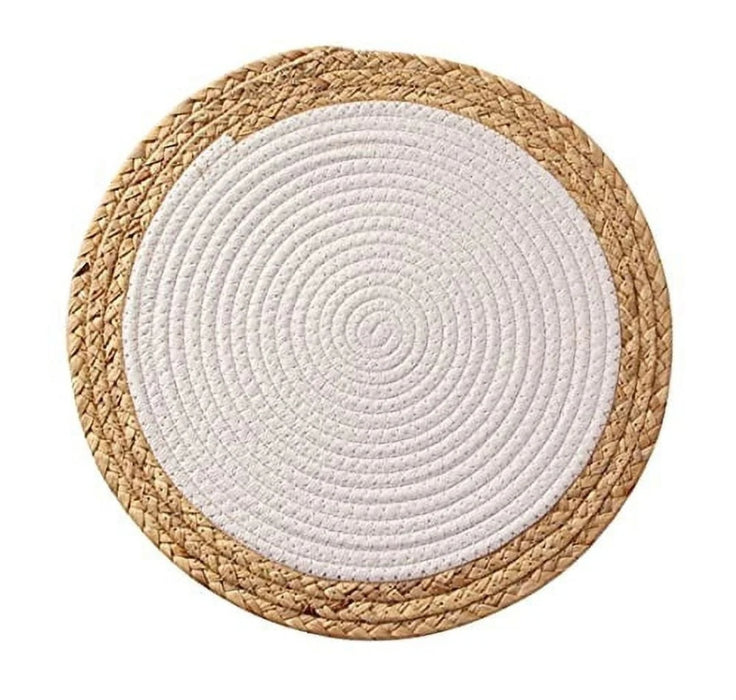 Woven Cotton & Hyacinth Round Mat, Natural two tone