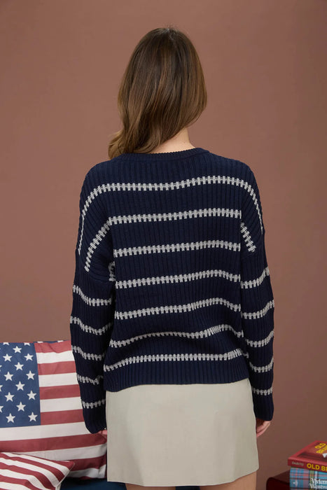 Oatmeal and navy stripe ribbed sweater – Minnesota winter outfit