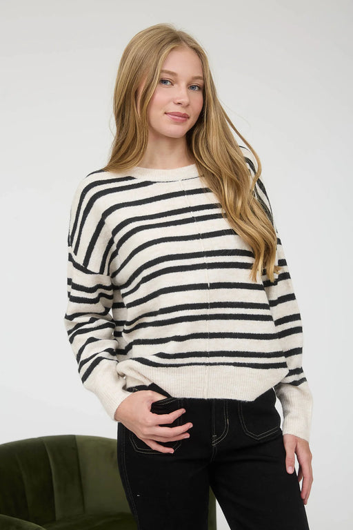 Cream and black striped long sleeve sweater with front seam detail
