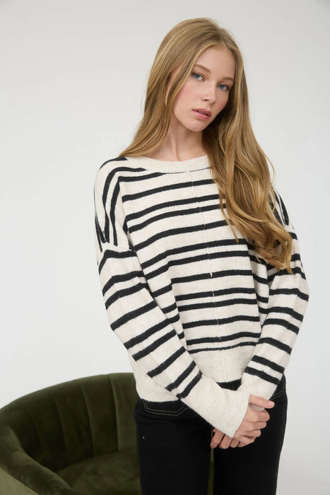 Casual cream and black striped long sleeve sweater for women