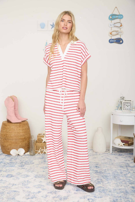 TEXTURED STRIPE DRAWSTRING WIDE LEG LOUNGE PANTS