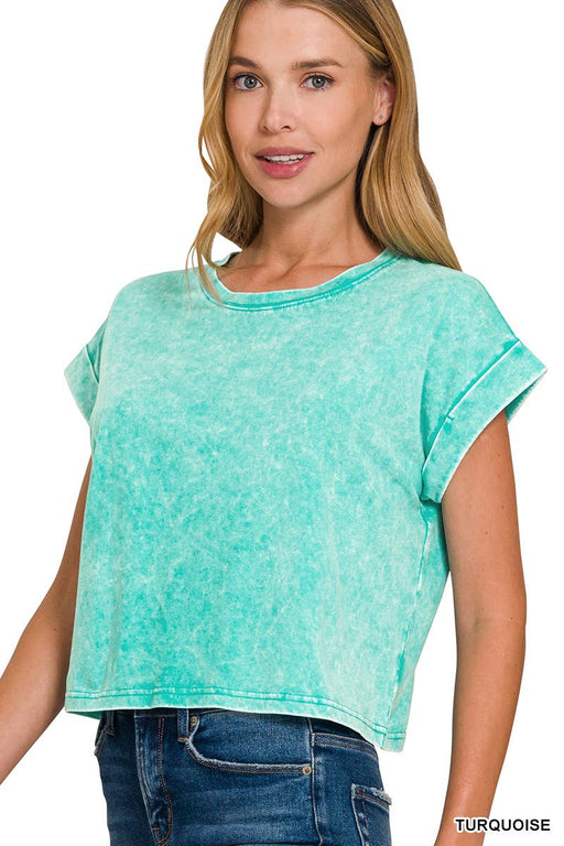 Casual women’s cuffed sleeve cotton top with washed finish and everyday comfort
