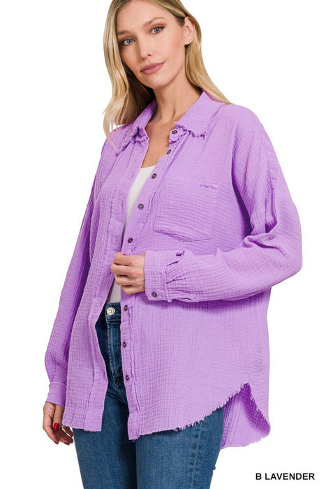 Oversized Raw Edge Shirt With Back Patch Zenana Brand