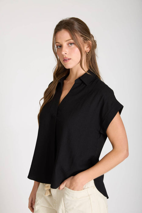COLLARED SPLIT NECK CUFF SLEEVE U HEM LINEN TOP