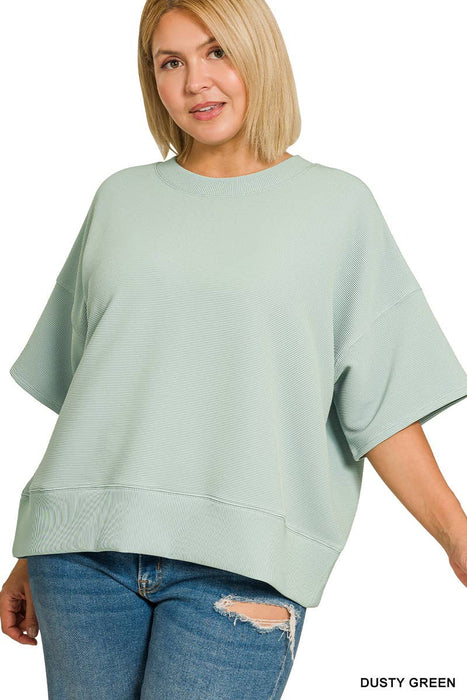 Plus Size Ribbed Round Neck Waist Banded Tee Shirt
