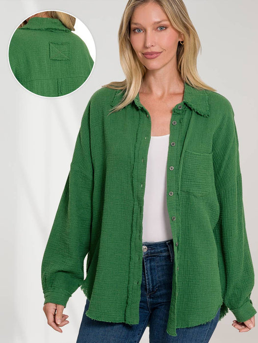 Women's Oversized Raw Edge Button-Up Shirt with Back Patch