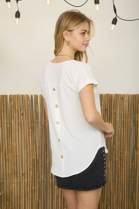 SPLIT NECK BACK BUTTON SHORT FOLD SLEEVE TOP