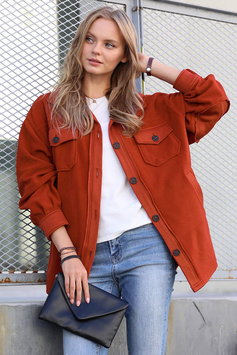 Basic Fleece Jacket Shacket W/ Elbow Patch - Zenana Brand