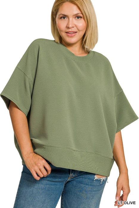 Plus Size Ribbed Round Neck Waist Banded Tee Shirt