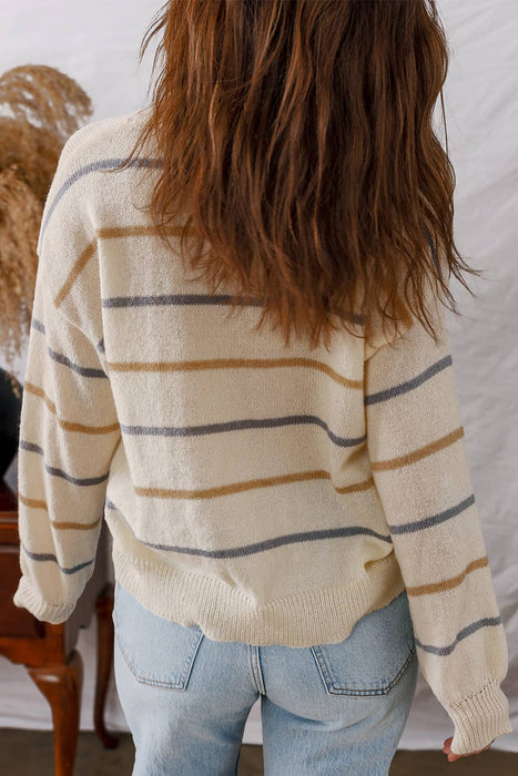 Striped Ribbed Edge Drop Shoulder Cardigan Sweater