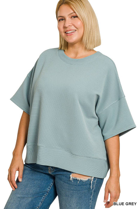 Plus Size Ribbed Round Neck Waist Banded Tee Shirt
