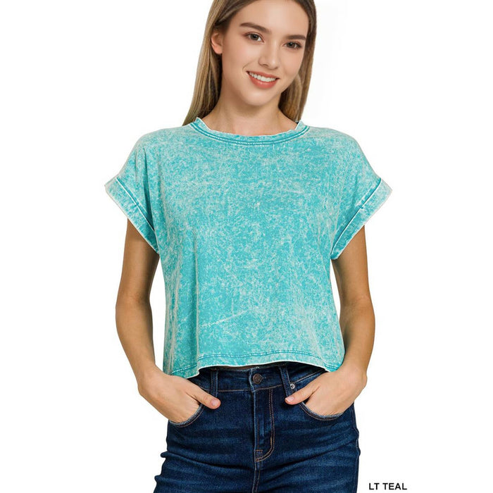 Washed Cotton Cuffed Short Sleeve Top Zenana Brand  – Women’s Casual Tee | Heartland Store MN