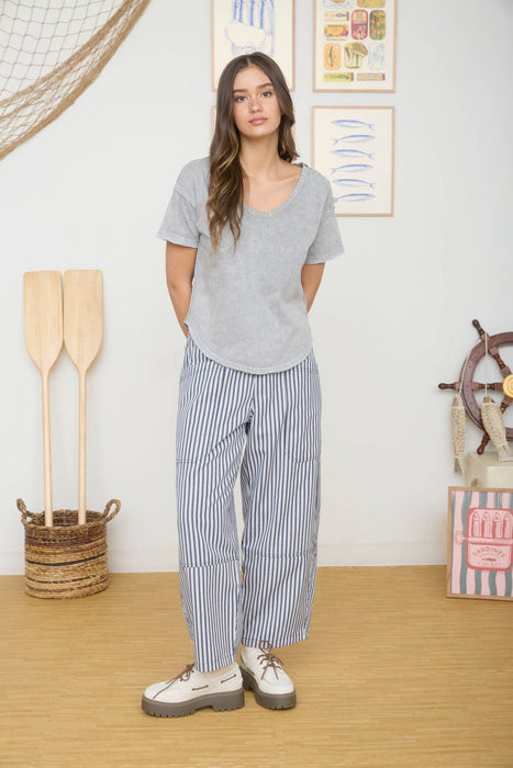 WASHED SCOOP NECK RAW EDGE SHORT SLEEVE KNIT TOP