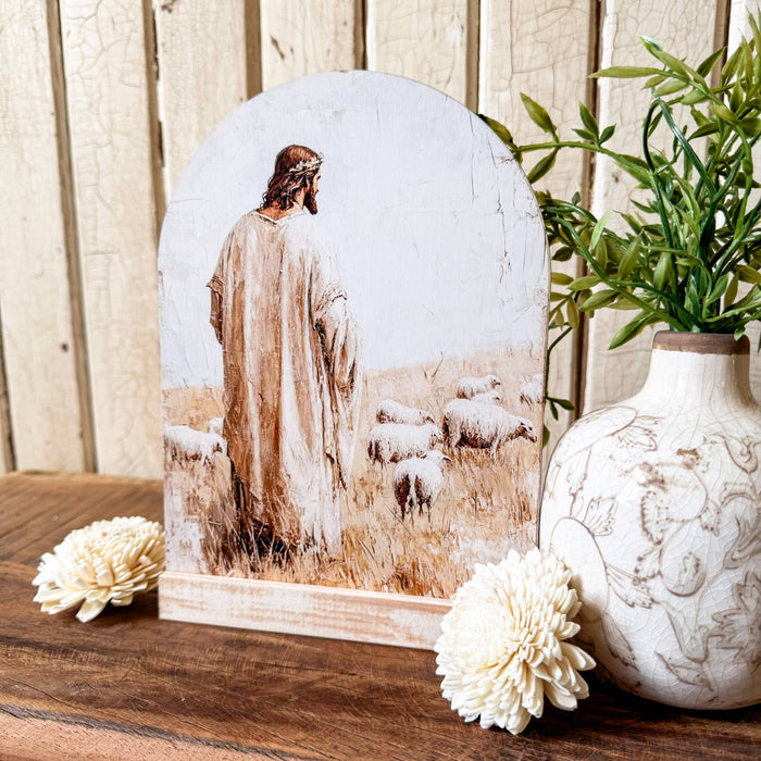 Jesus with Sheep Arched Wood Sign Shelf Sitter with Wood Base