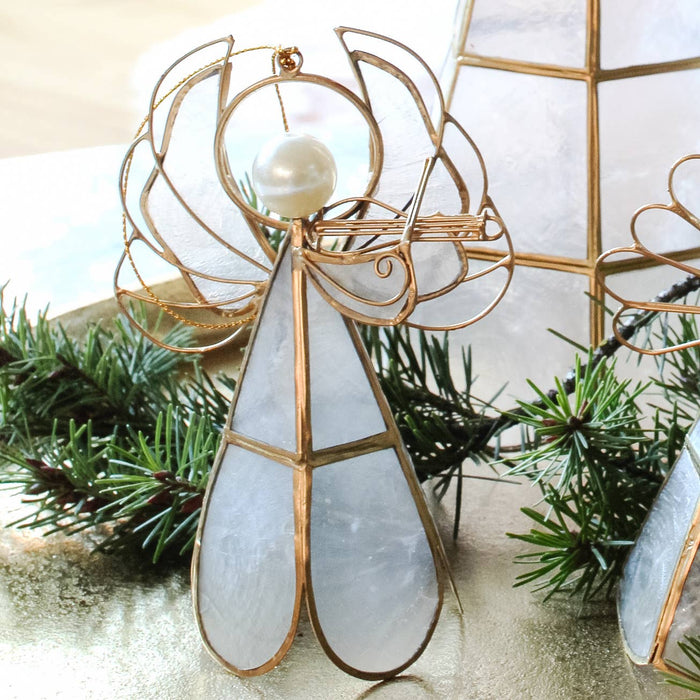 5.5" Capiz Angel Ornament with Violin Handmade in Phillippines