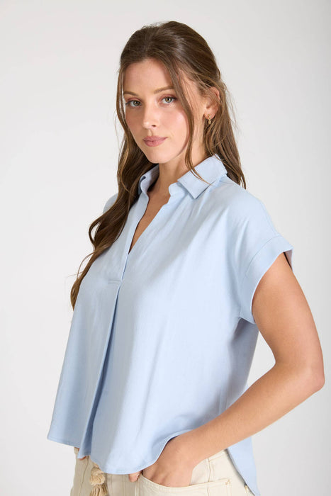 COLLARED SPLIT NECK CUFF SLEEVE U HEM LINEN TOP