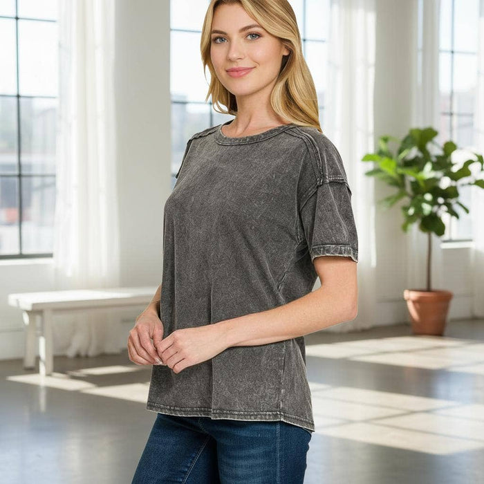 Acid Washed Round Neck T-Shirt – Relaxed Fit, 3 Color Options | Zenana | Heartland Store MN