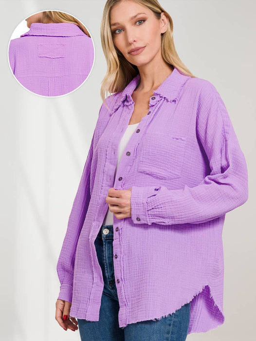 Women's Oversized Raw Edge Button-Up Shirt with Back Patch