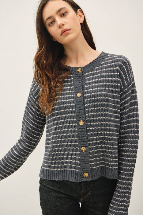 STRIPED WAFFLE KNIT BOXY CARDIGAN