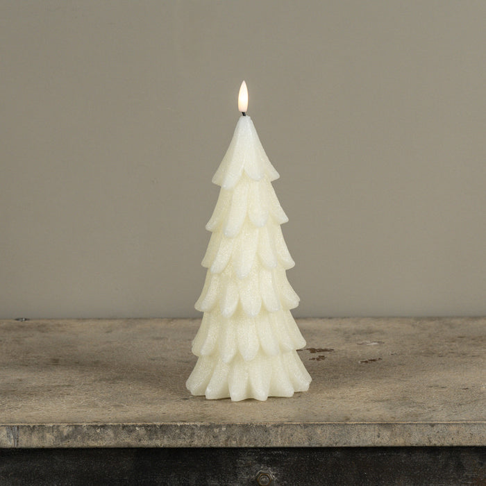 CREAM SHIMMER 3D FLAME ALABASTER PINE TREE CANDLE with 6-Hour Timer | Heartland Store MN