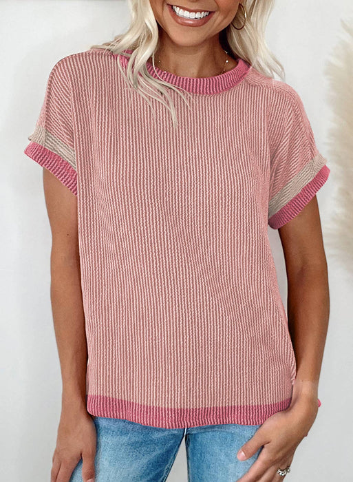 Pink Knitted Crewneck Short-sleeved shirt with Contrasting Pink Panels backstitch