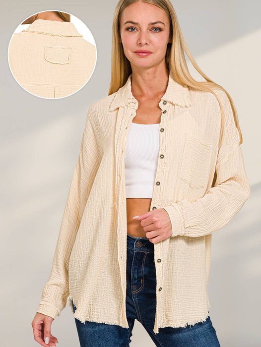 Women's Oversized Raw Edge Button-Up Shirt with Back Patch
