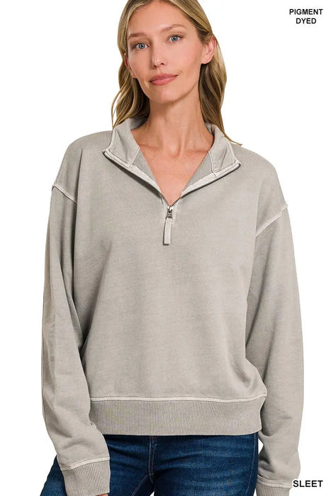 Trendy Gray 100% cotton French terry half zip pullover sweatshirt available at Heartland Store MN