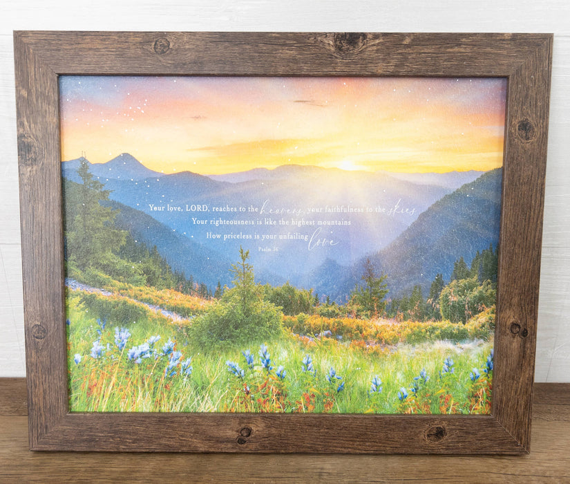 Your Love Reaches The Heavens Mountains Christian Art Sign Bible Verse Psalm 36: 5-9
