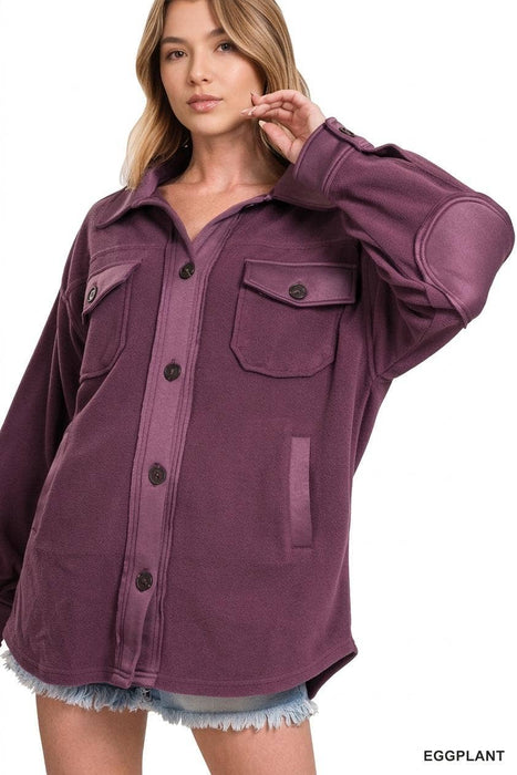 Basic Fleece Jacket Shacket W/ Elbow Patch - Zenana Brand