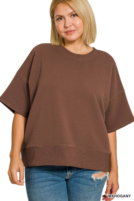 Plus Size Ribbed Round Neck Waist Banded Tee Shirt