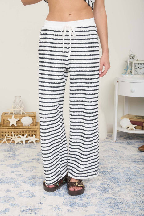TEXTURED STRIPE DRAWSTRING WIDE LEG LOUNGE PANTS