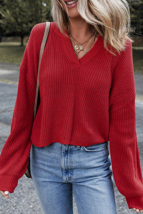 Solid Textured Knit V Neck Drop Shoulder Red Light Weight Sweater
