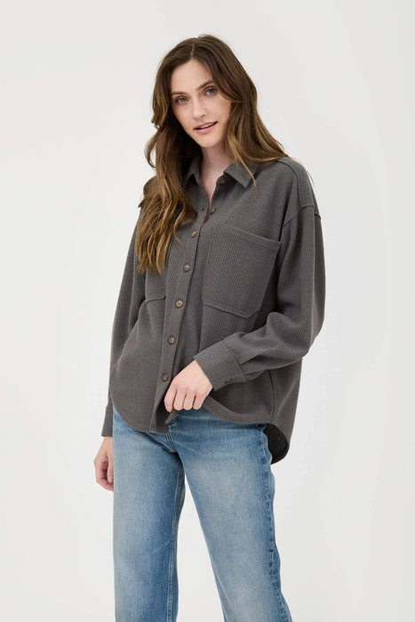 RIB KNIT EXPOSED SEAM BUTTON UP SHACKET JACKET