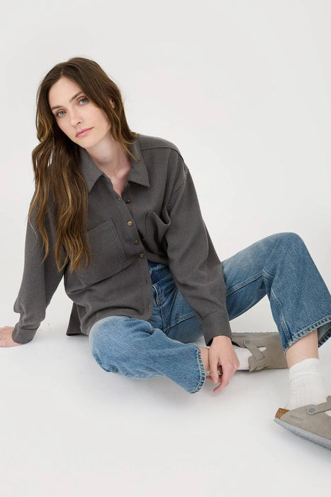 RIB KNIT EXPOSED SEAM BUTTON UP SHACKET JACKET