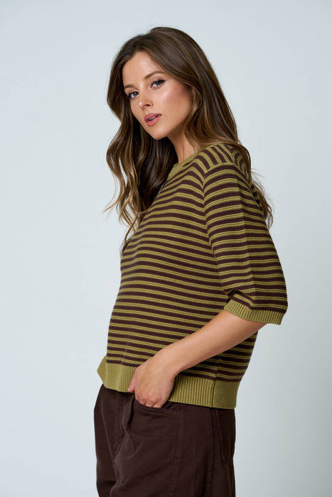TEXTURED STRIPE CREW NECK HALF SLEEVE SWEATER