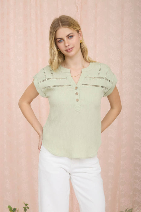 CROCHET LINE LACE HALF BUTTON SHORT SLEEVE TOP